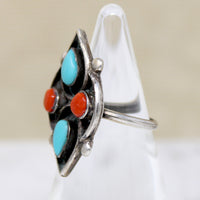 Turquoise & Coral in Graphic Silver Overlay Ring