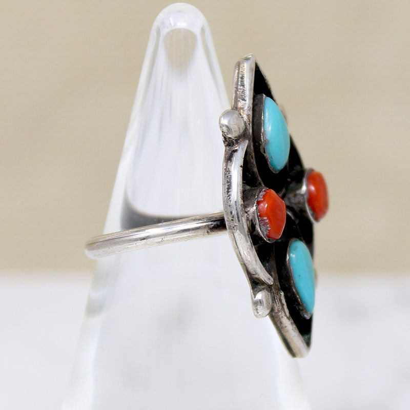 Turquoise & Coral in Graphic Silver Overlay Ring