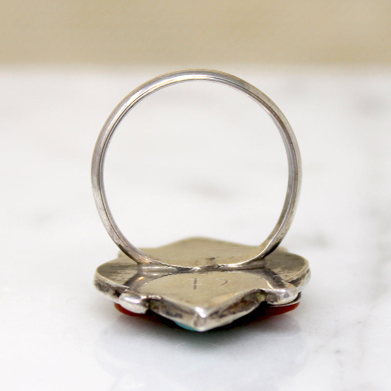 Turquoise & Coral in Graphic Silver Overlay Ring