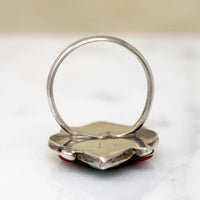 Turquoise & Coral in Graphic Silver Overlay Ring