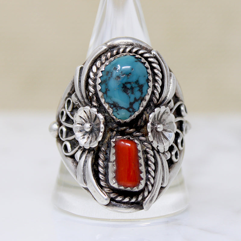 Ornate Sterling Silver Ring with Coral & Turquoise