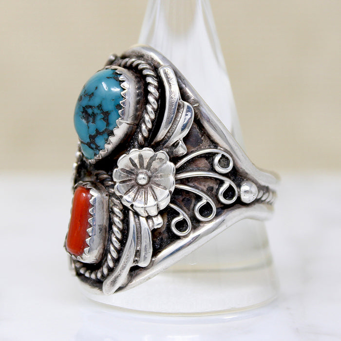 Ornate Sterling Silver Ring with Coral & Turquoise