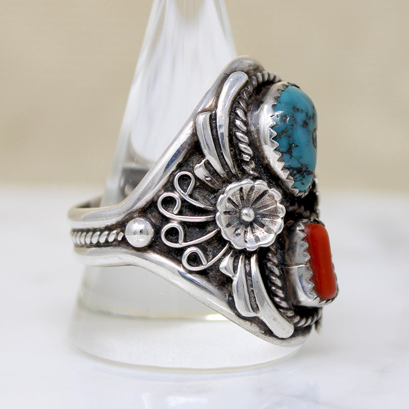 Ornate Sterling Silver Ring with Coral & Turquoise