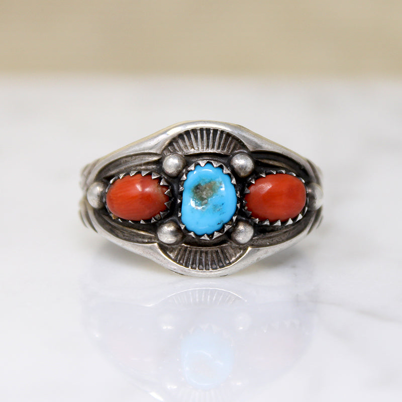 Gorgeous Turquoise & Coral Sterling Silver Band 