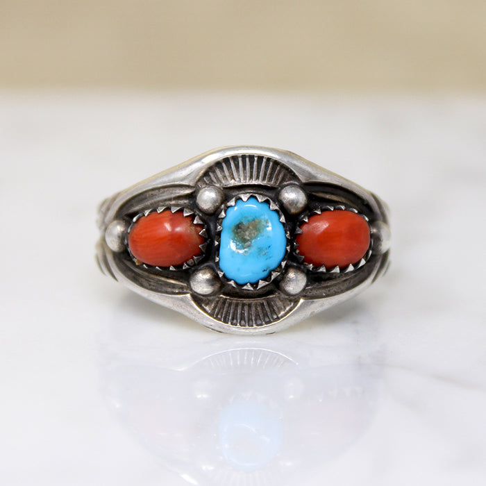 Gorgeous Turquoise & Coral Sterling Silver Band 