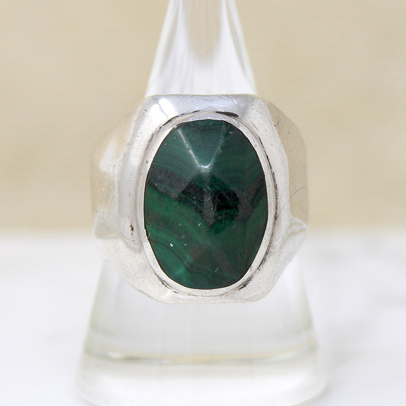 Modernist Faceted Malachite & Sterling Signet Ring