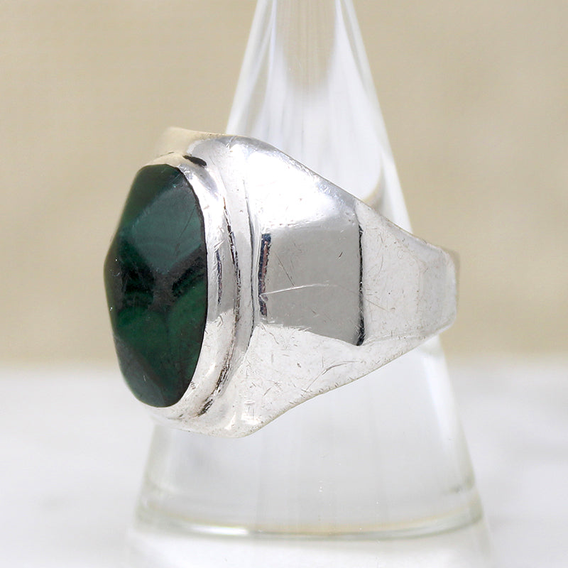 Modernist Faceted Malachite & Sterling Signet Ring