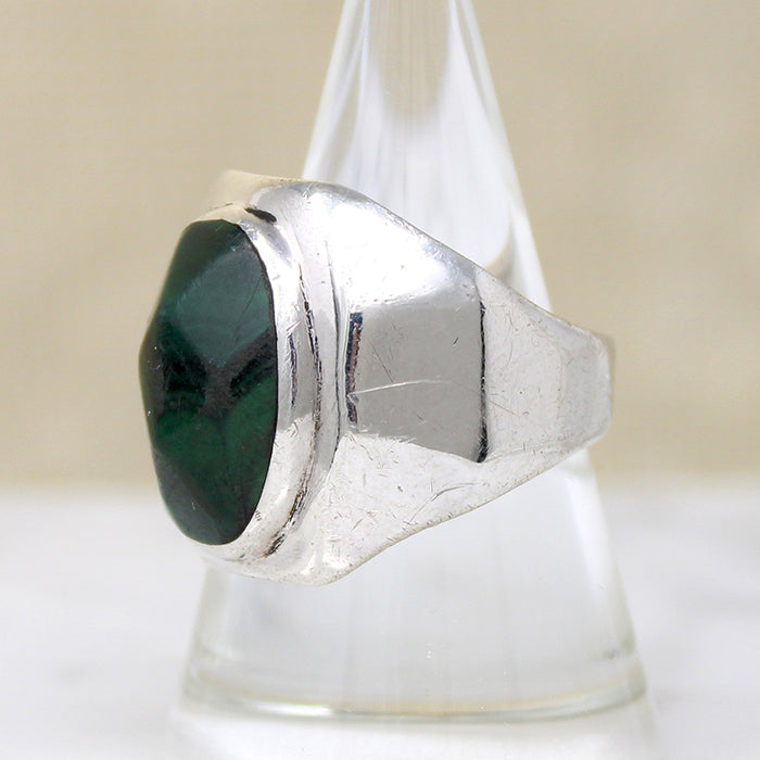 Modernist Faceted Malachite & Sterling Signet Ring