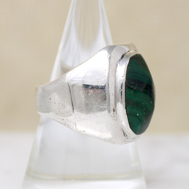Modernist Faceted Malachite & Sterling Signet Ring