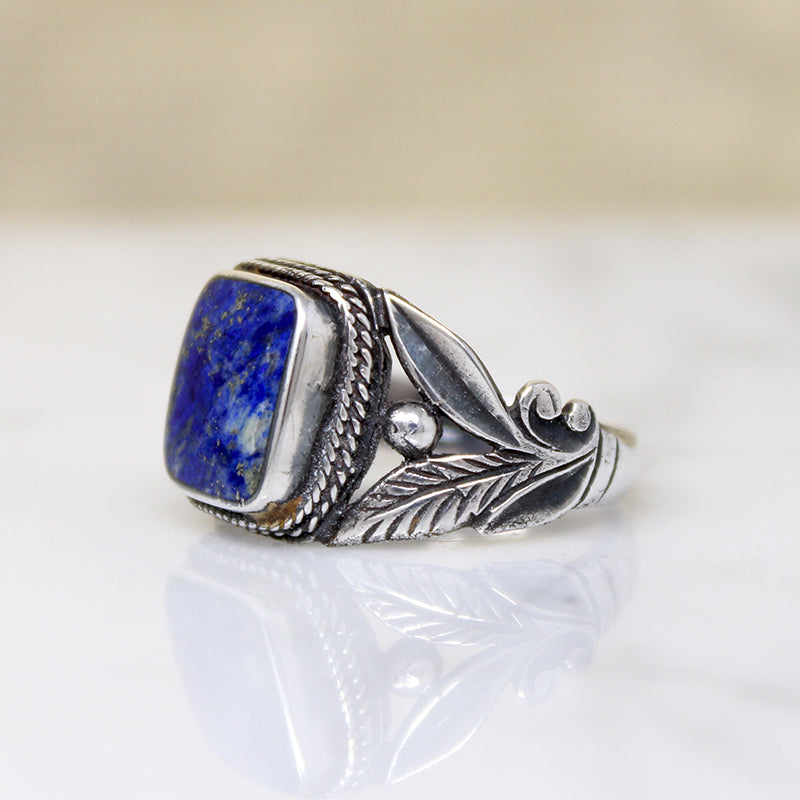 Midnight Sky Lapis in Foliate Sterling Ring