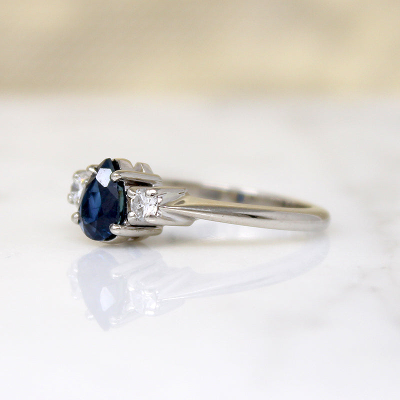 Pear Cut Sapphire in White Gold Mid Century Ring