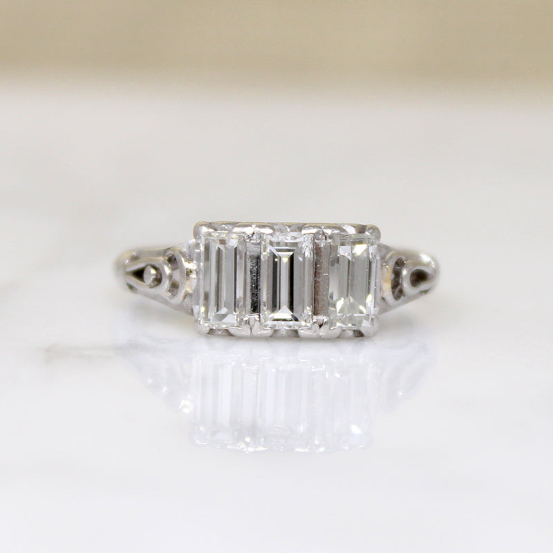 Art Deco Emerald Step Cut Diamond Trilogy Ring