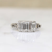 Art Deco Emerald Step Cut Diamond Trilogy Ring