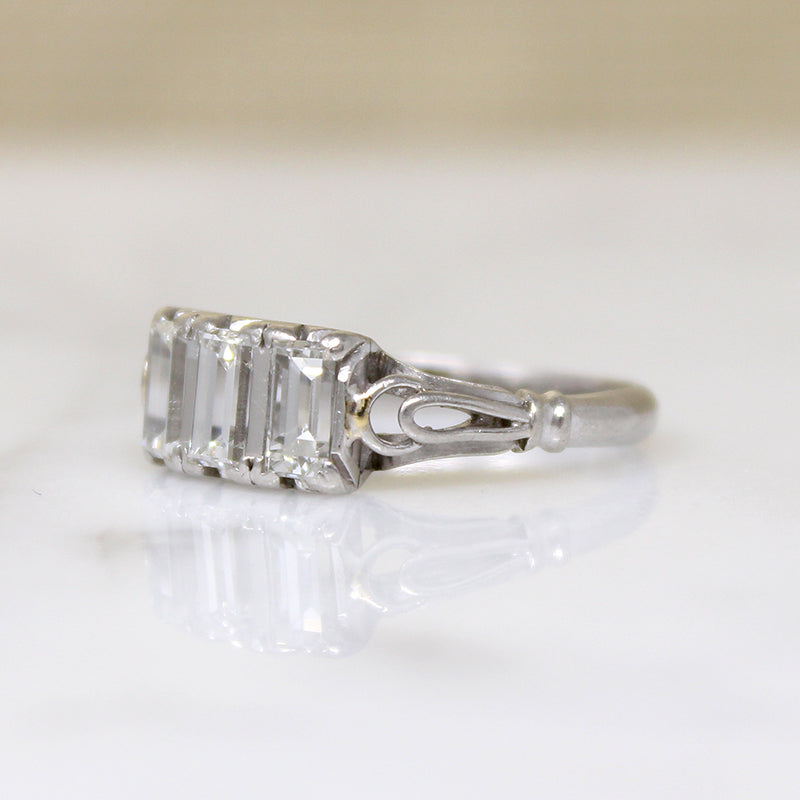 Art Deco Emerald Step Cut Diamond Trilogy Ring