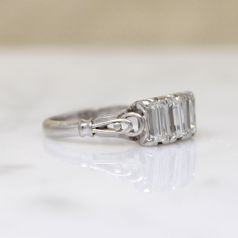 Art Deco Emerald Step Cut Diamond Trilogy Ring