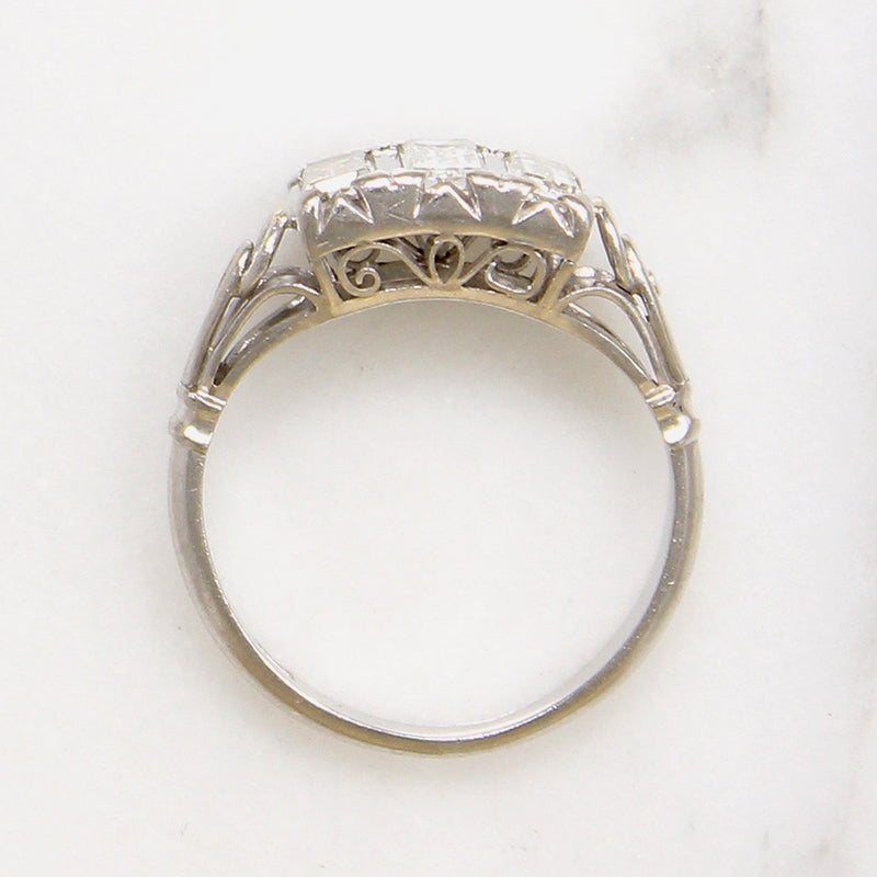 Art Deco Emerald Step Cut Diamond Trilogy Ring