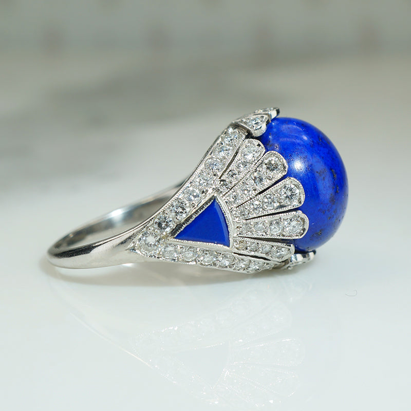Rare Platinum Lapis Deco Diamond Ring