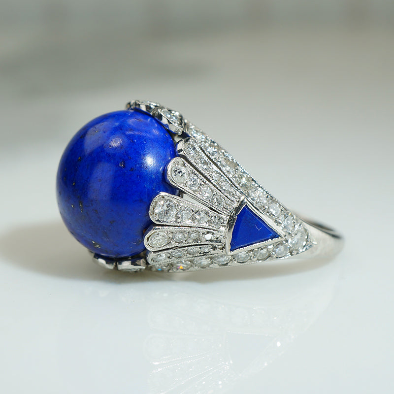 Rare Platinum Lapis Deco Diamond Ring