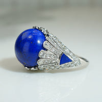 Rare Platinum Lapis Deco Diamond Ring