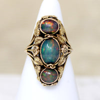 Black Opals in Lush Arts & Crafts Botanical Ring