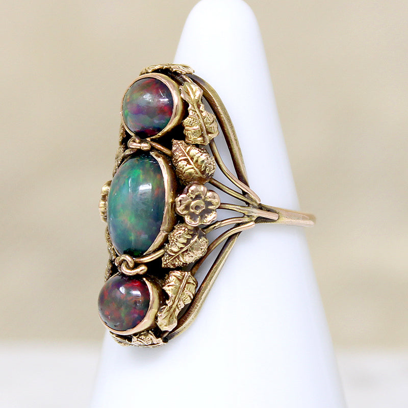 Black Opals in Lush Arts & Crafts Botanical Ring