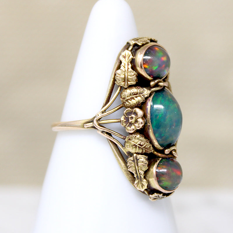 Black Opals in Lush Arts & Crafts Botanical Ring