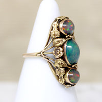 Black Opals in Lush Arts & Crafts Botanical Ring