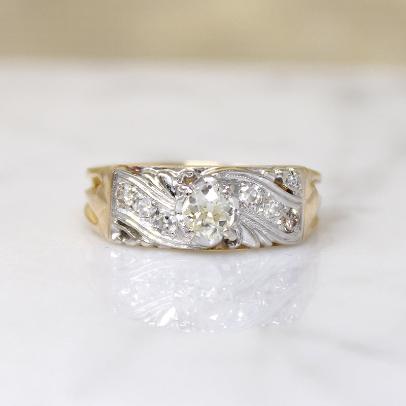 Wide Two-Tone Retro Band with Old Mine Diamond
