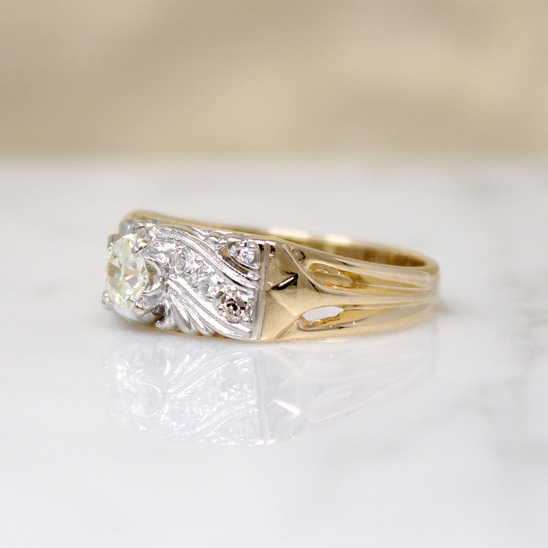 Wide Two-Tone Retro Band with Old Mine Diamond