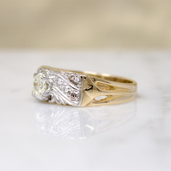 Wide Two-Tone Retro Band with Old Mine Diamond