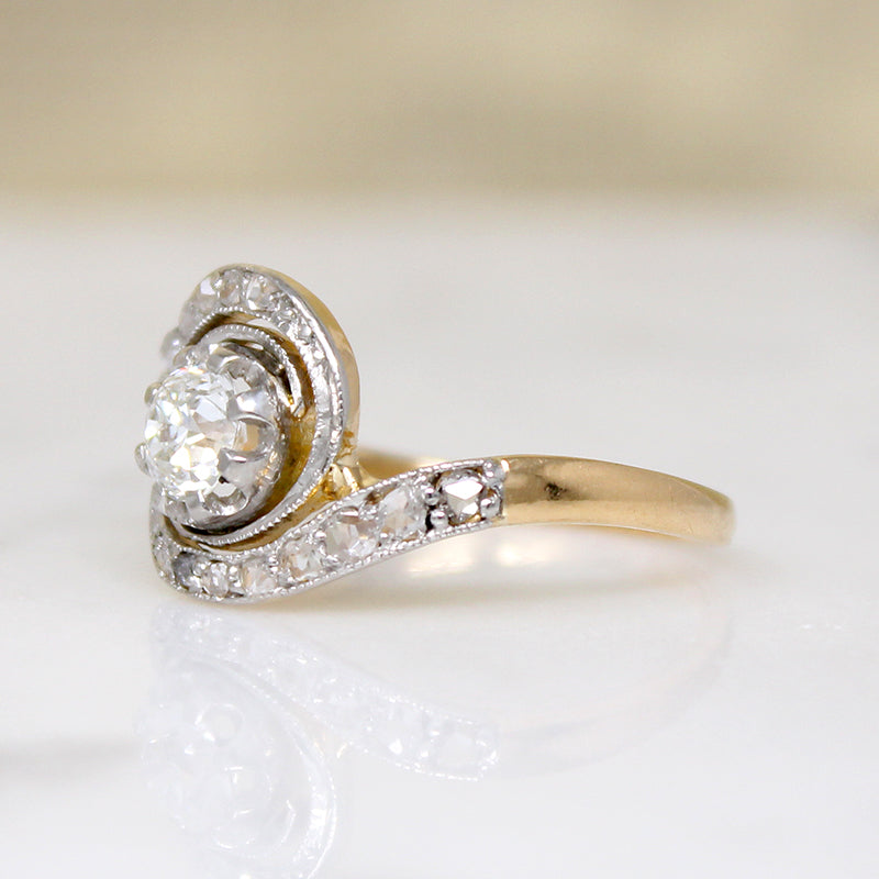 Old Euro Diamond in Rose Cut-Encrusted Bypass Ring