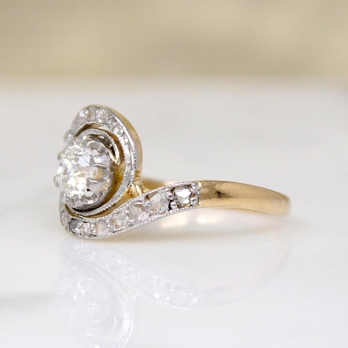 Old Euro Diamond in Rose Cut-Encrusted Bypass Ring