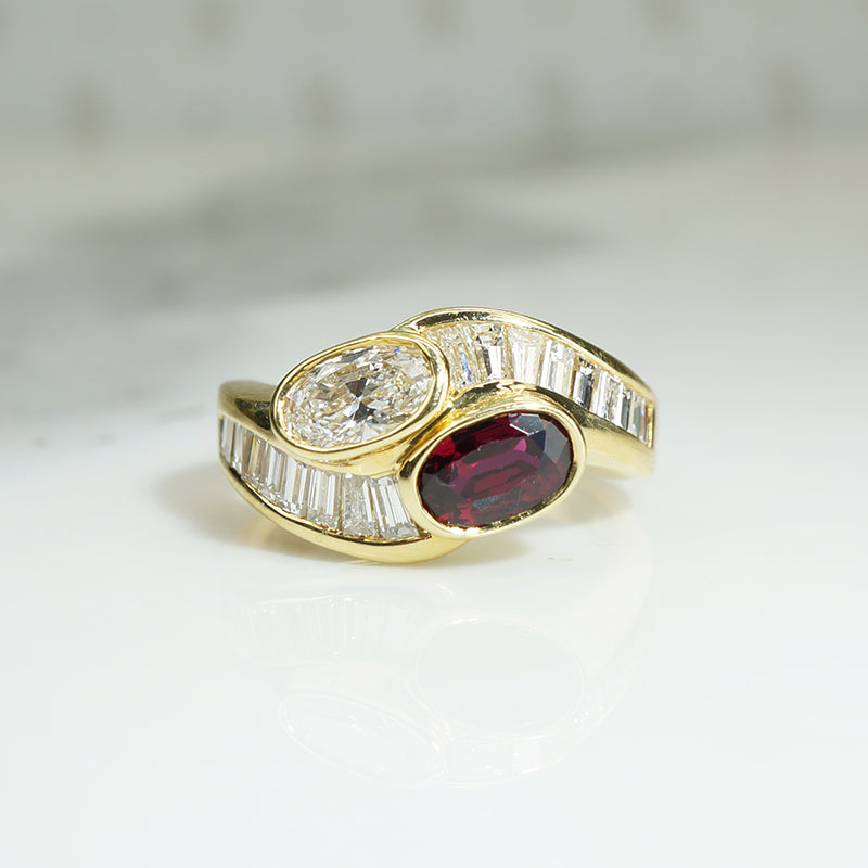 Rich Ruby & Diamond 18k Gold Bypass Ring