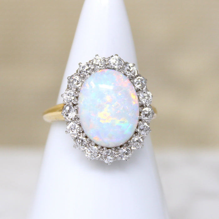 Antique Opal in Old Mine Cut Diamond Halo Ring