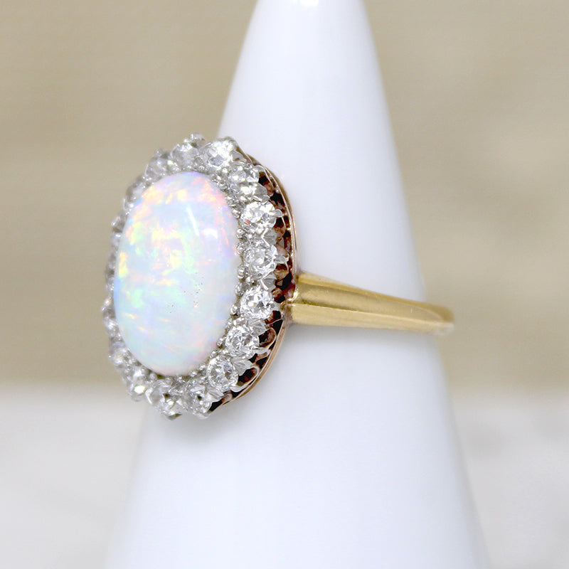 Antique Opal in Old Mine Cut Diamond Halo Ring