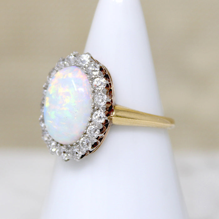 Antique Opal in Old Mine Cut Diamond Halo Ring