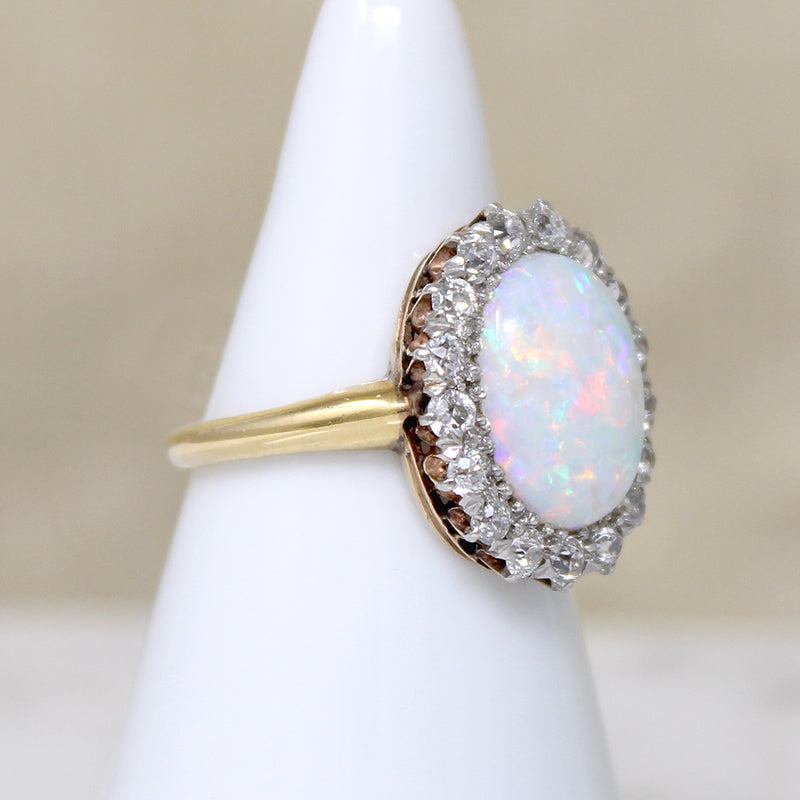 Antique Opal in Old Mine Cut Diamond Halo Ring