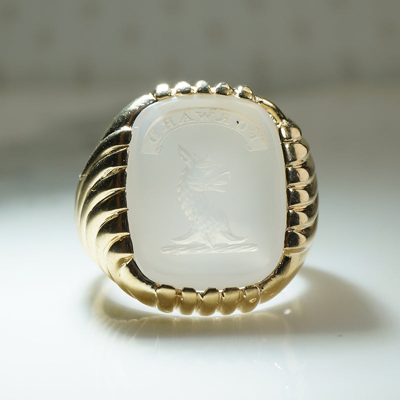 Heavy Gold Chalcedony Family Crest Ring