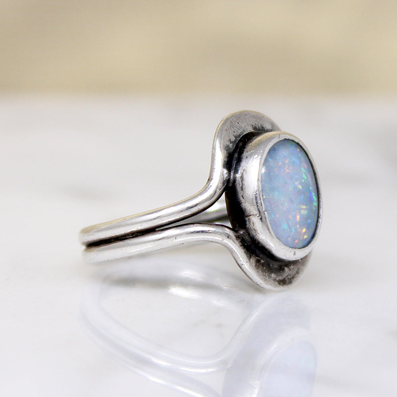 Bewitching Blue Opal in Silver Modernist Ring