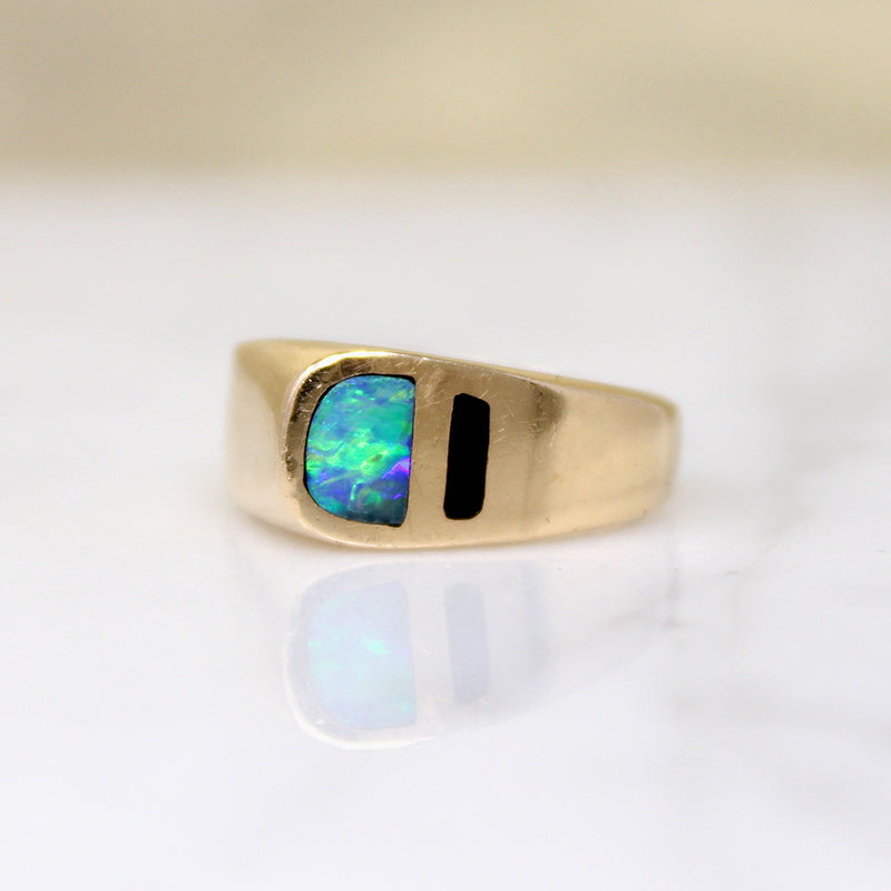 Graphic Opal & Onyx 1980's Pinky Ring