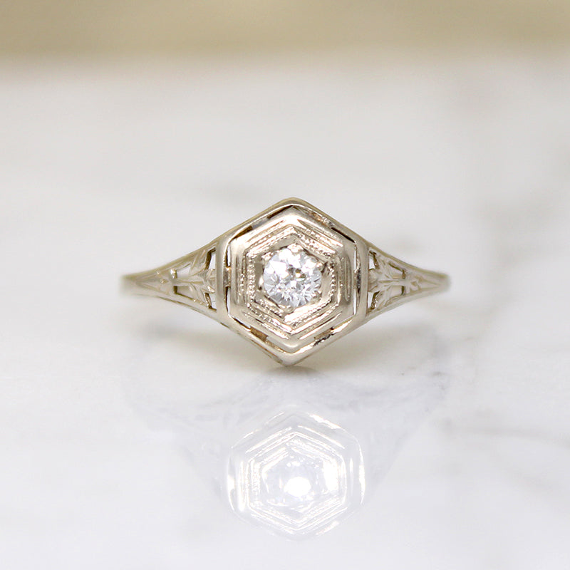 Pale Yellow Gold Foliate Motif Diamond Solitaire