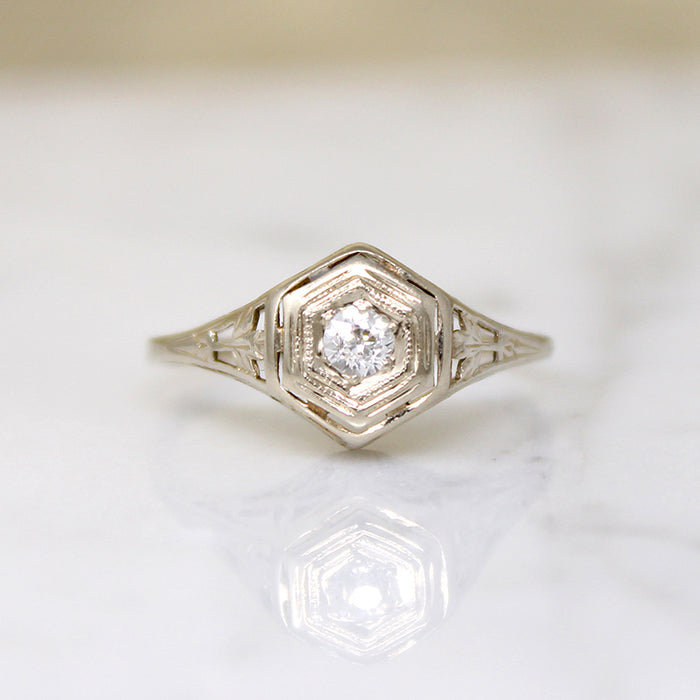 Pale Yellow Gold Foliate Motif Diamond Solitaire