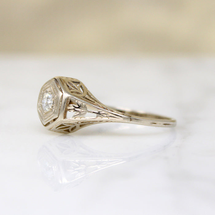 Pale Yellow Gold Foliate Motif Diamond Solitaire