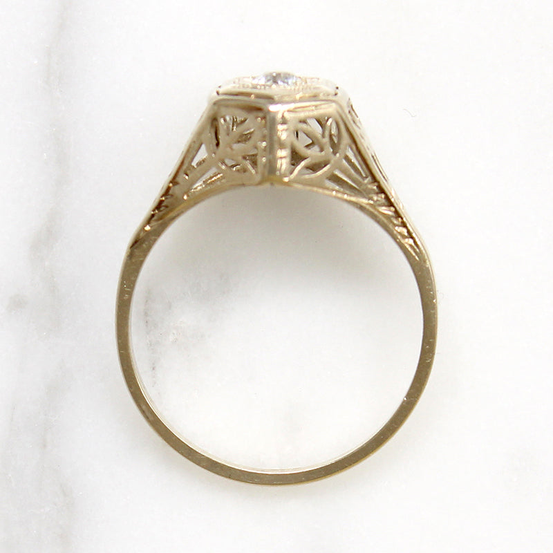 Pale Yellow Gold Foliate Motif Diamond Solitaire