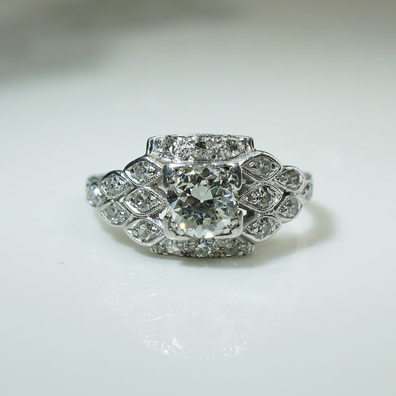 Platinum Step Side Old Euro Diamond Engagement Ring