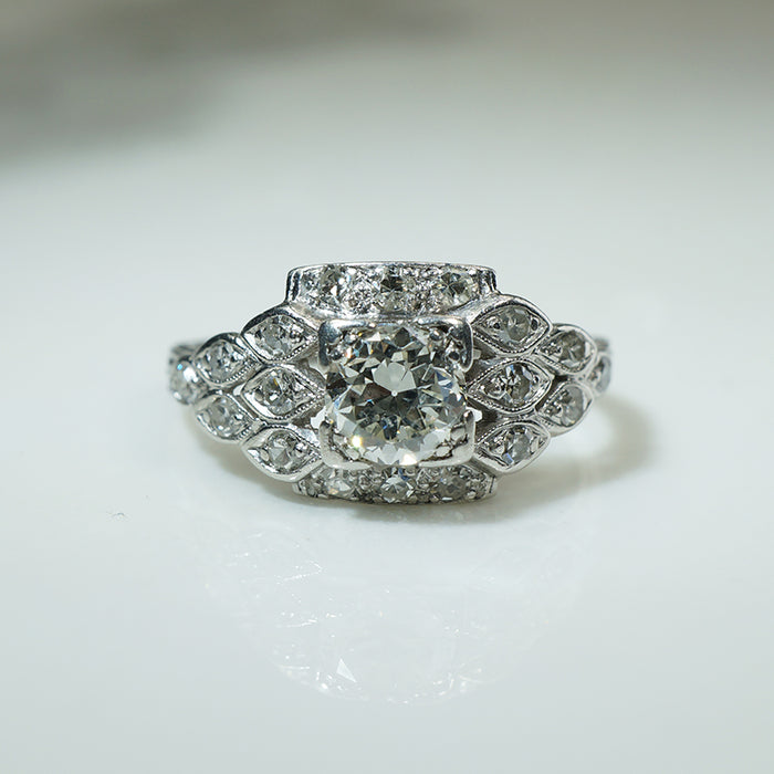 Platinum Step Side Old Euro Diamond Engagement Ring