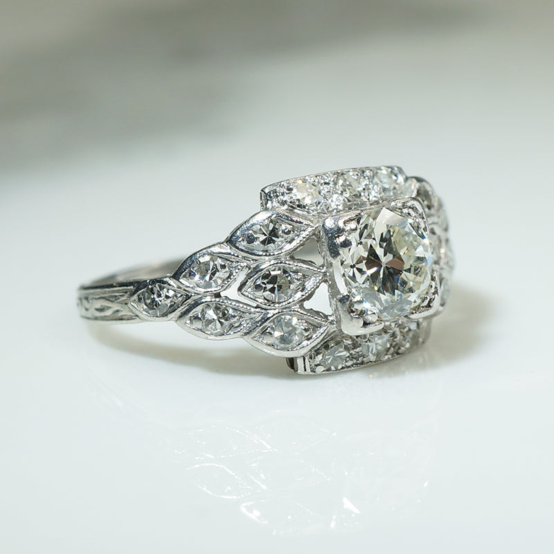 Platinum Step Side Old Euro Diamond Engagement Ring