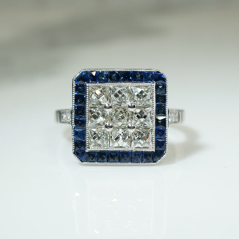 Old Mine French Cut Diamonds with Sapphires in Platinum