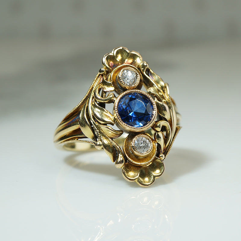 Stunning Arts & Crafts 18k Gold Sapphire & Old Mine Diamond Ring