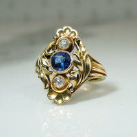 Stunning Arts & Crafts 18k Gold Sapphire & Old Mine Diamond Ring